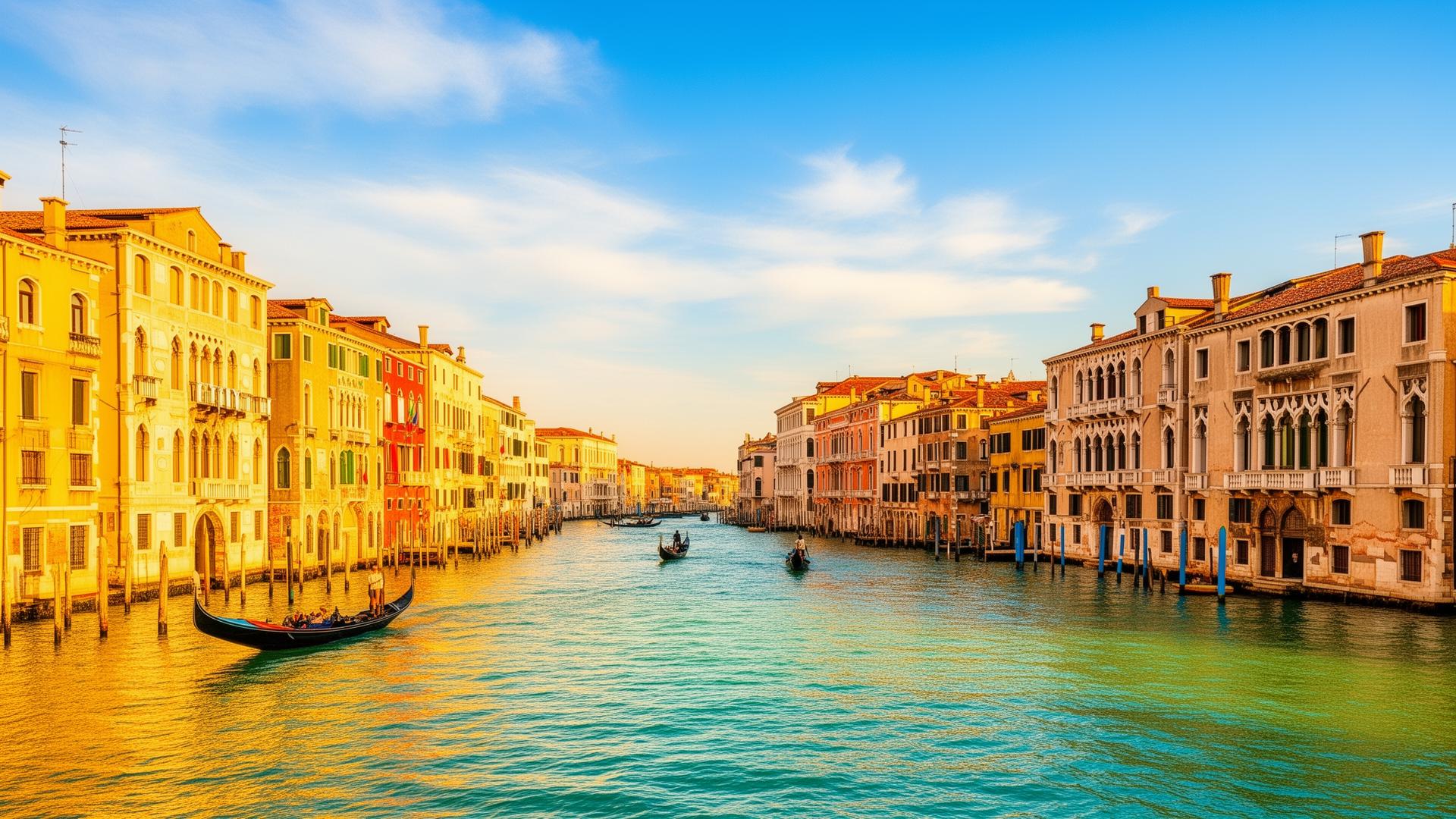 Słoneczny widok na Canal Grande w Wenecji – kolorowe pałace i gondole na spokojnej wodzie