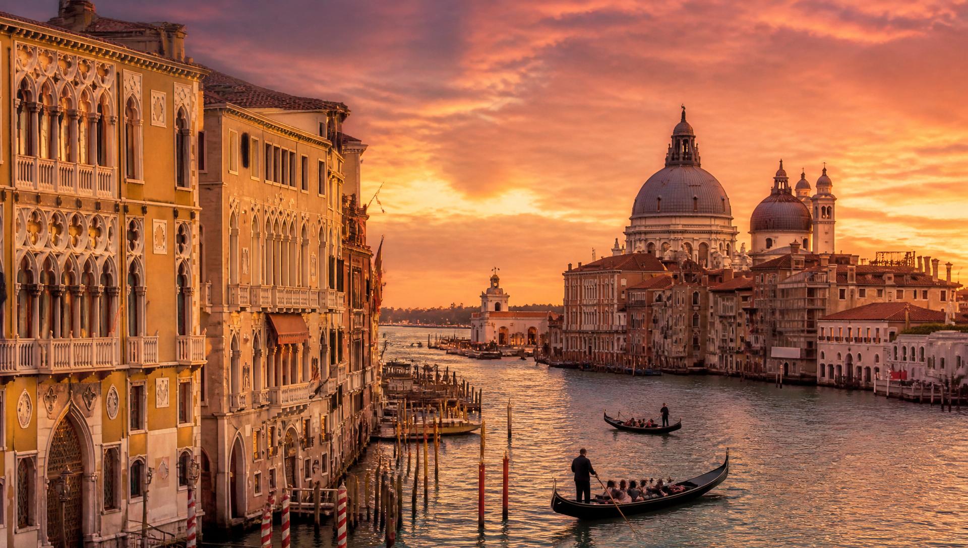 Wenecja o zachodzie słońca – Canal Grande z gondolami i Bazyliką Santa Maria della Salute